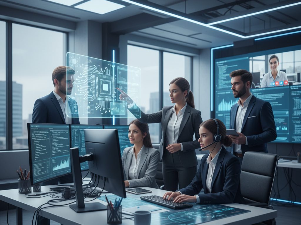 Engineering team collaborating in a monitoring control room